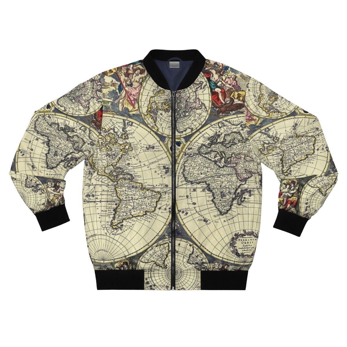 Vintage world map bomber jacket with antique cartography design