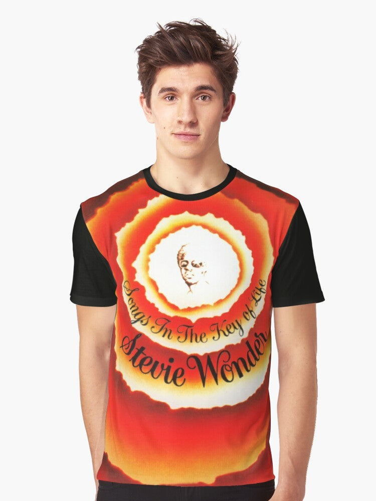 "Songs in the Key of Life" Stevie Wonder graphic t-shirt featuring a vibrant, colorful design celebrating the iconic album. - Men