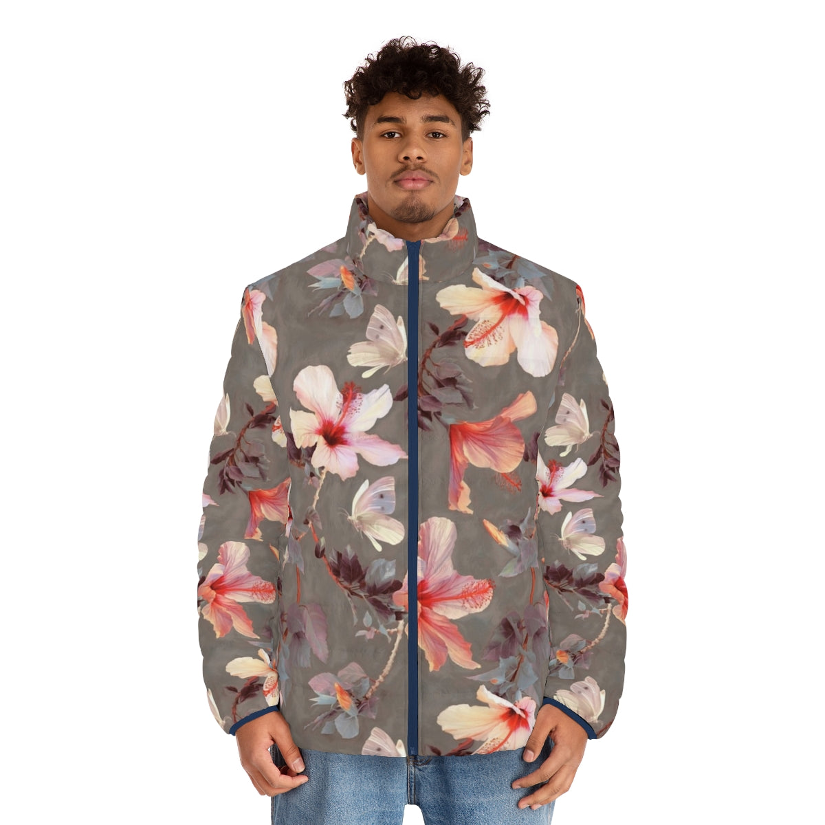 Coral hibiscus floral puffer jacket with tropical butterfly pattern - men front