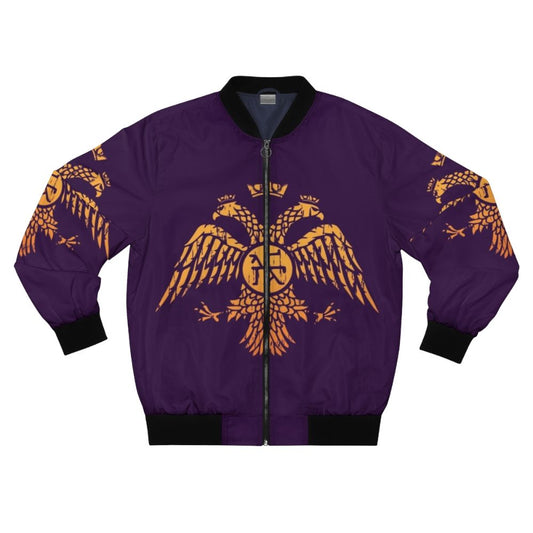 Byzantine eagle symbol printed on a black bomber jacket