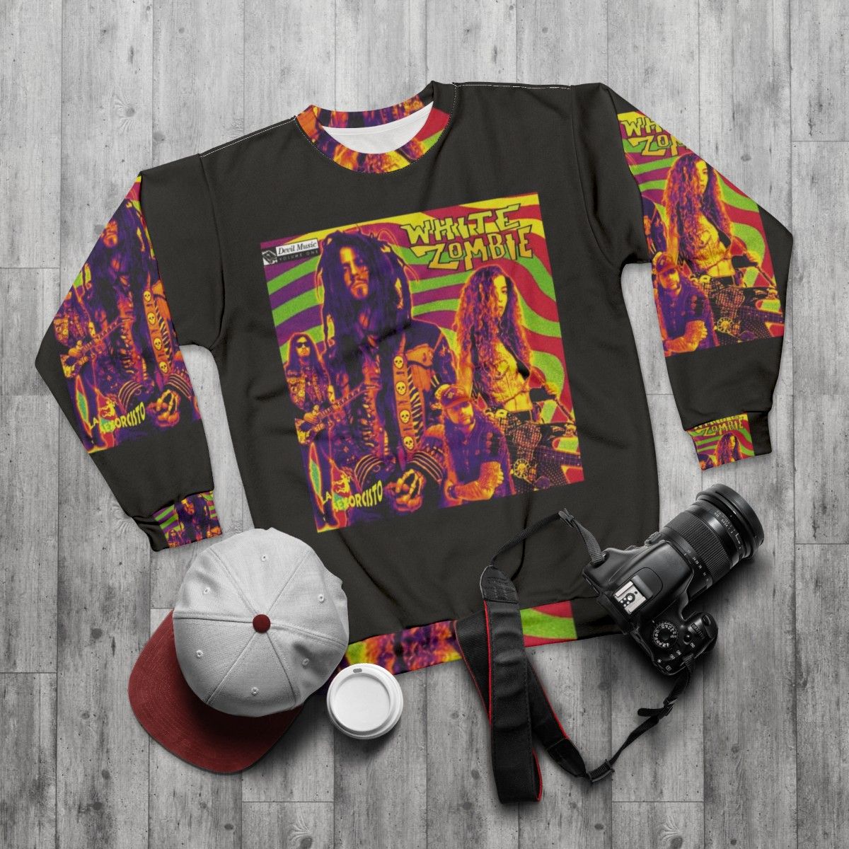 Best Artwork White Z Sweatshirt featuring Captain Spaulding from the Rob Zombie Horror Movies - flat lay