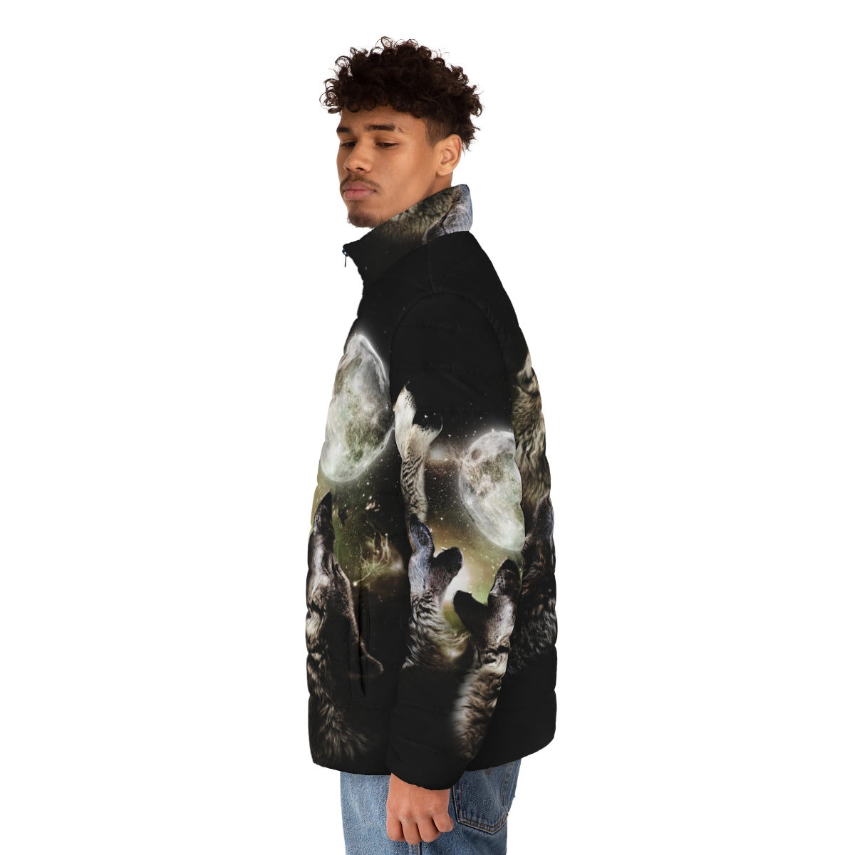 Three wolves howling at the full moon puffer jacket design - men side left