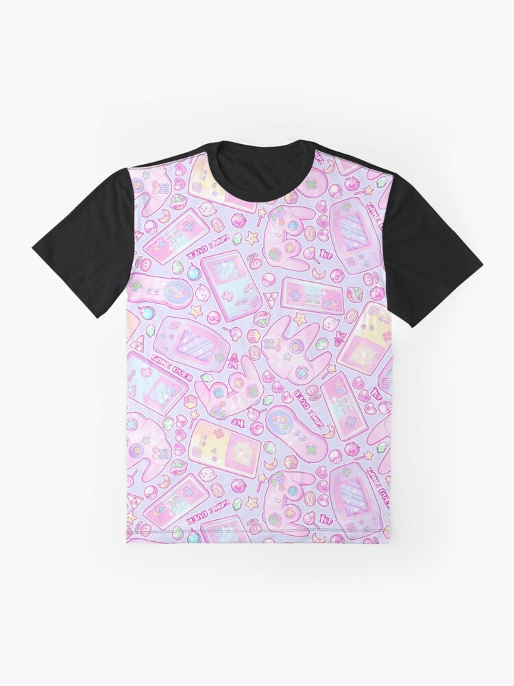 A pastel-colored t-shirt with a graphic design featuring classic Nintendo characters like Mario, Kirby, and Zelda in a cute, aesthetic style. - Flat lay