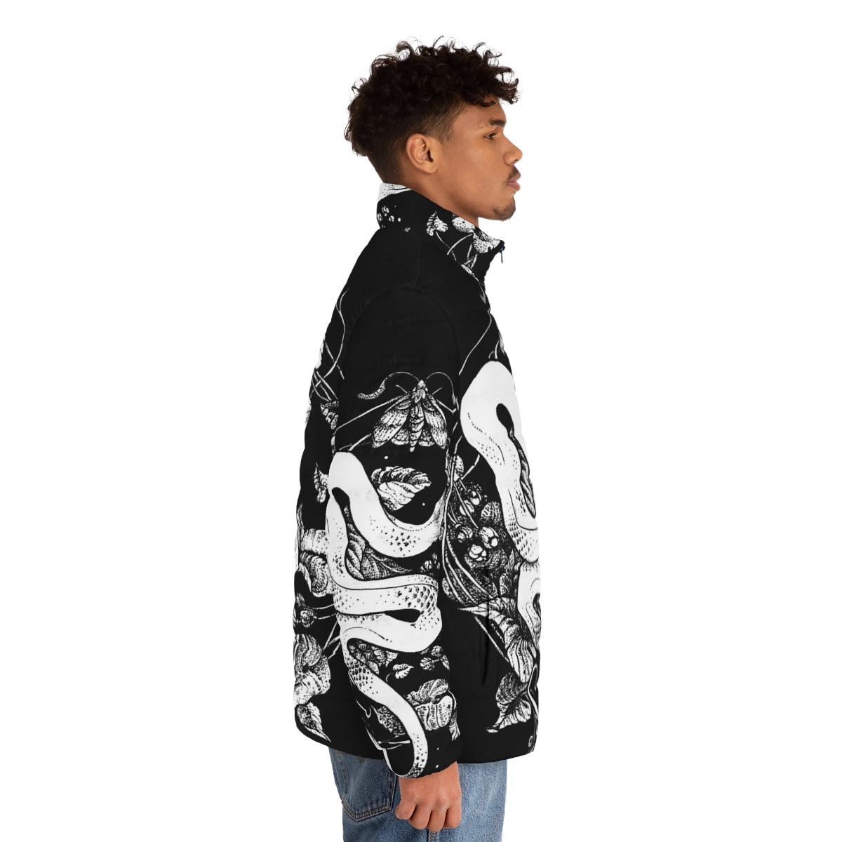 Dark, gothic inspired puffer jacket with nature-based illustrations - men side right