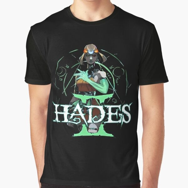 Hades II Melinoe Graphic T-Shirt featuring the logo and characters from the popular Greek mythology-inspired roguelike game