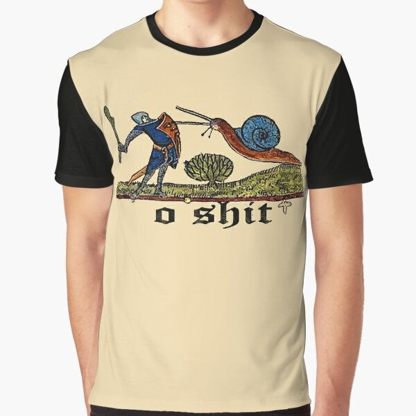 A medieval knight battling a snail, medieval graphic t-shirt design