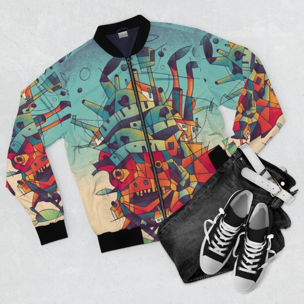 Anime inspired Moving Castle bomber jacket with cubist, futuristic design - Flat lay