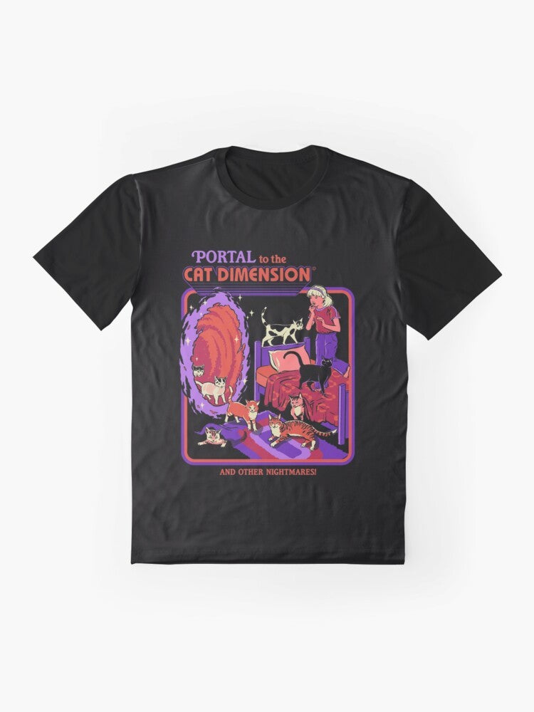 A retro-style graphic t-shirt featuring a cat in a sci-fi dimensional portal. - Flat lay