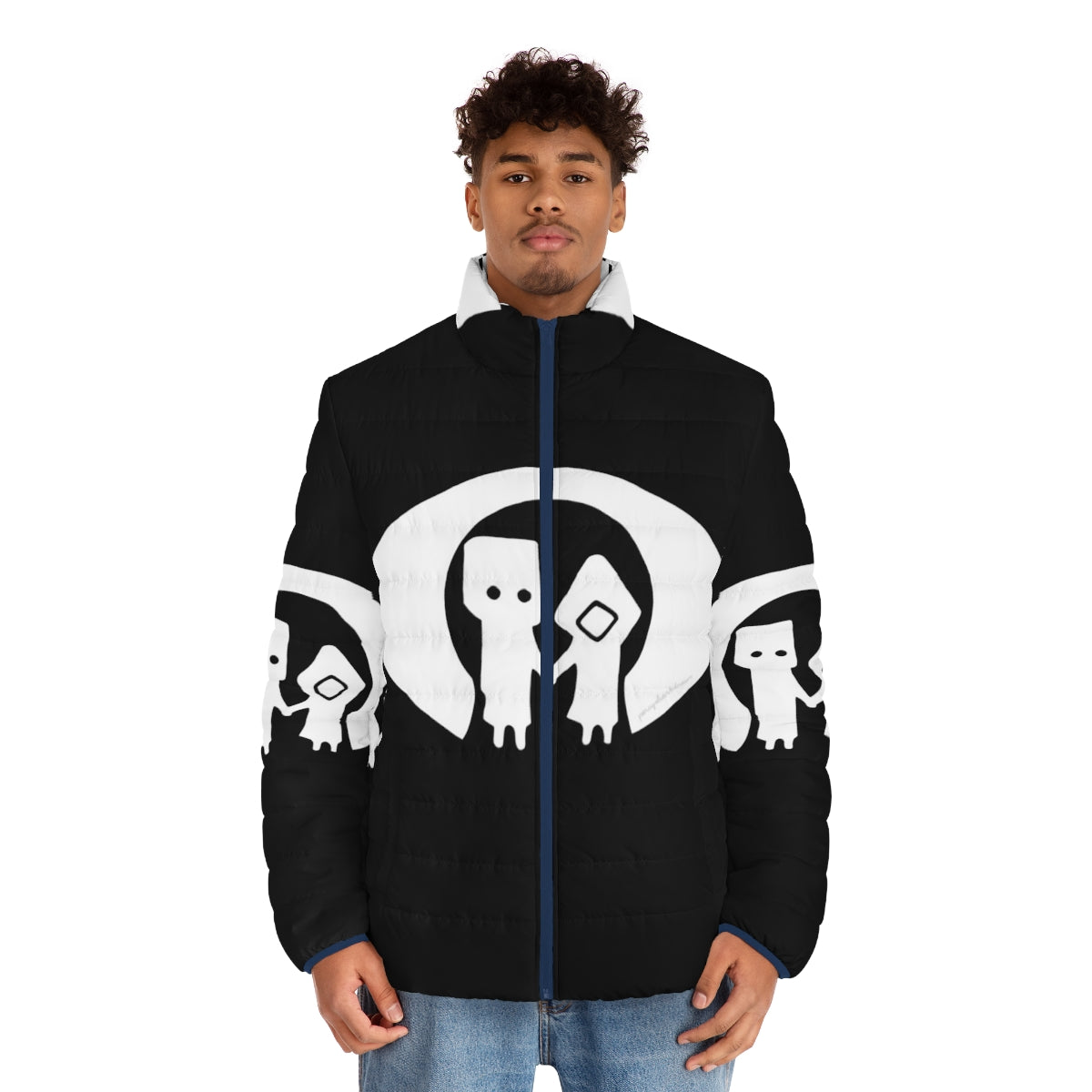 Monochrome minimalist puffer jacket with geometric abstract design inspired by Danganronpa video game - men front