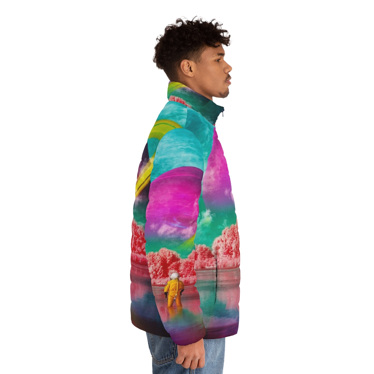 Surreal puffer jacket with digital art collage featuring an astronaut and a river - men side right