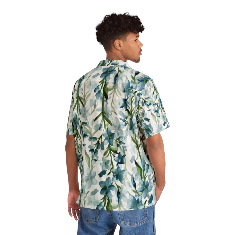 Blue Branches Hawaiian Shirt with Tropical Floral Watercolor Pattern - People Back