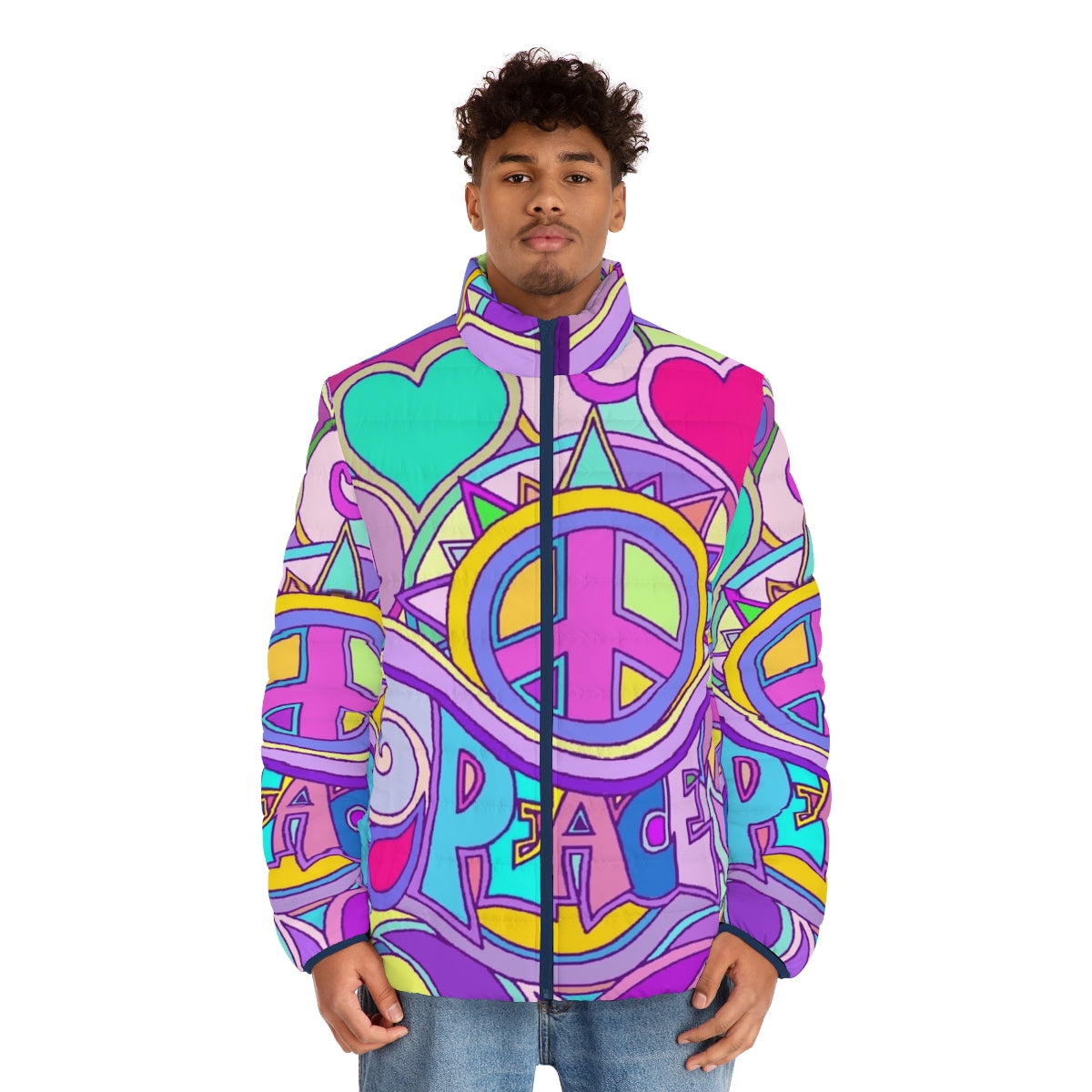 Colorful psychedelic retro puffer jacket with flower power graphics - men front