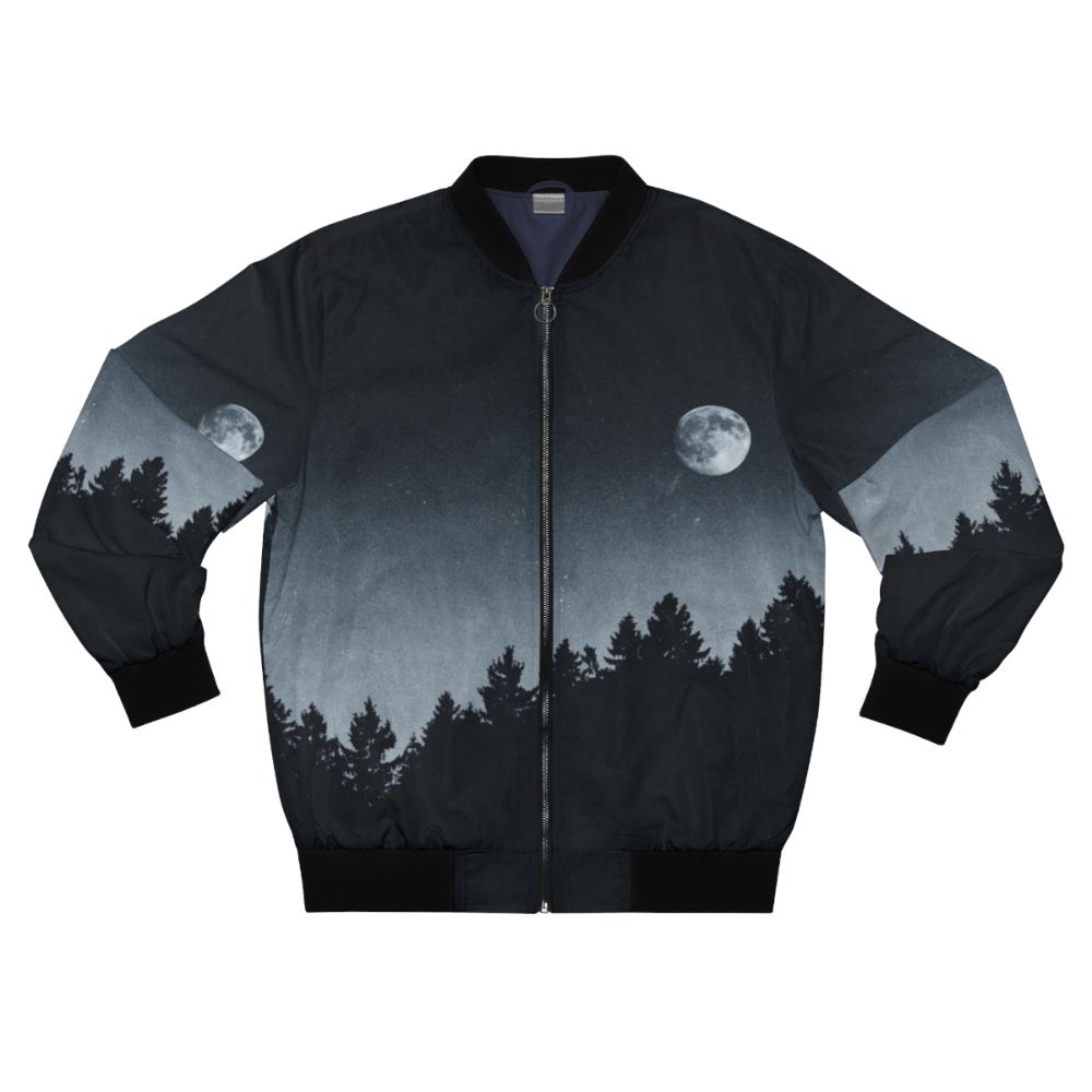 A black bomber jacket with a nature-inspired design, featuring the moon, trees, and a mysterious landscape.