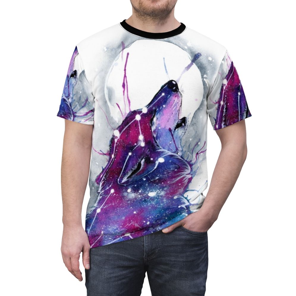 A t-shirt featuring a vibrant galaxy wolf design against a starry space background - men front