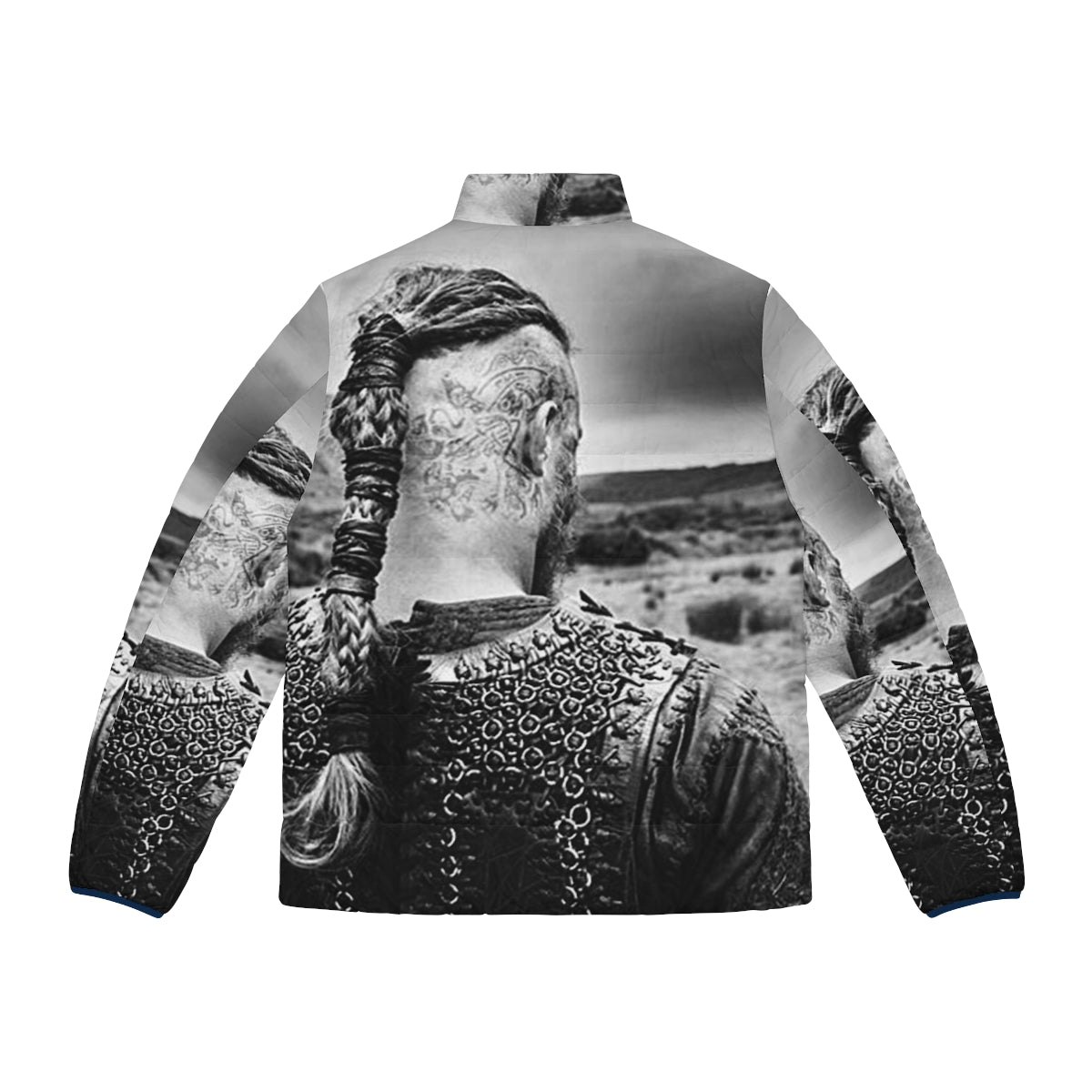 Ragnar Lothbrok Puffer Jacket, Vikings Inspired Outerwear with Black and White Aesthetic - Back