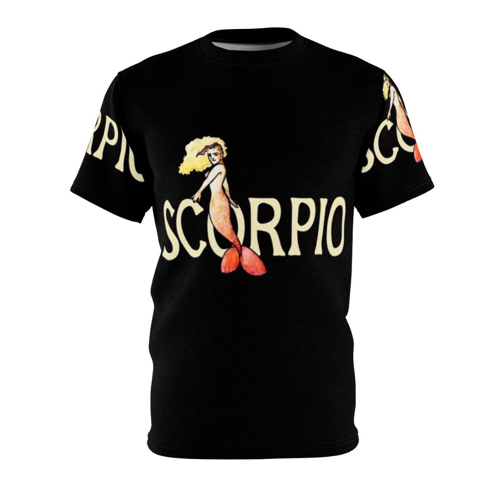 A stylish t-shirt featuring a graphic design of a scorpio mermaid, a mythical sea creature representing the zodiac sign.