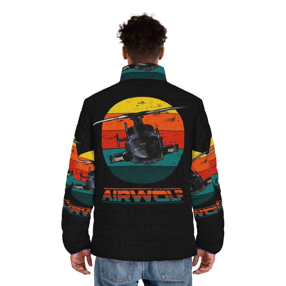 Airwolf 1980s retro puffer jacket with iconic 80s TV series logo and design - men back