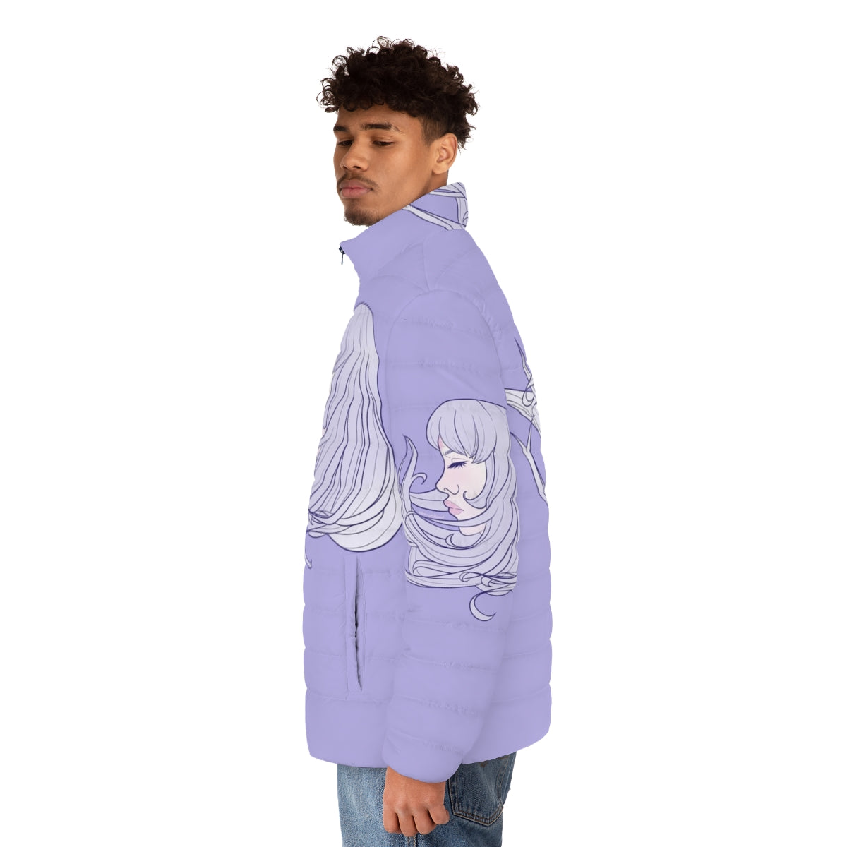 The Last Unicorn pastel purple puffer jacket with whimsical unicorn design - men side left