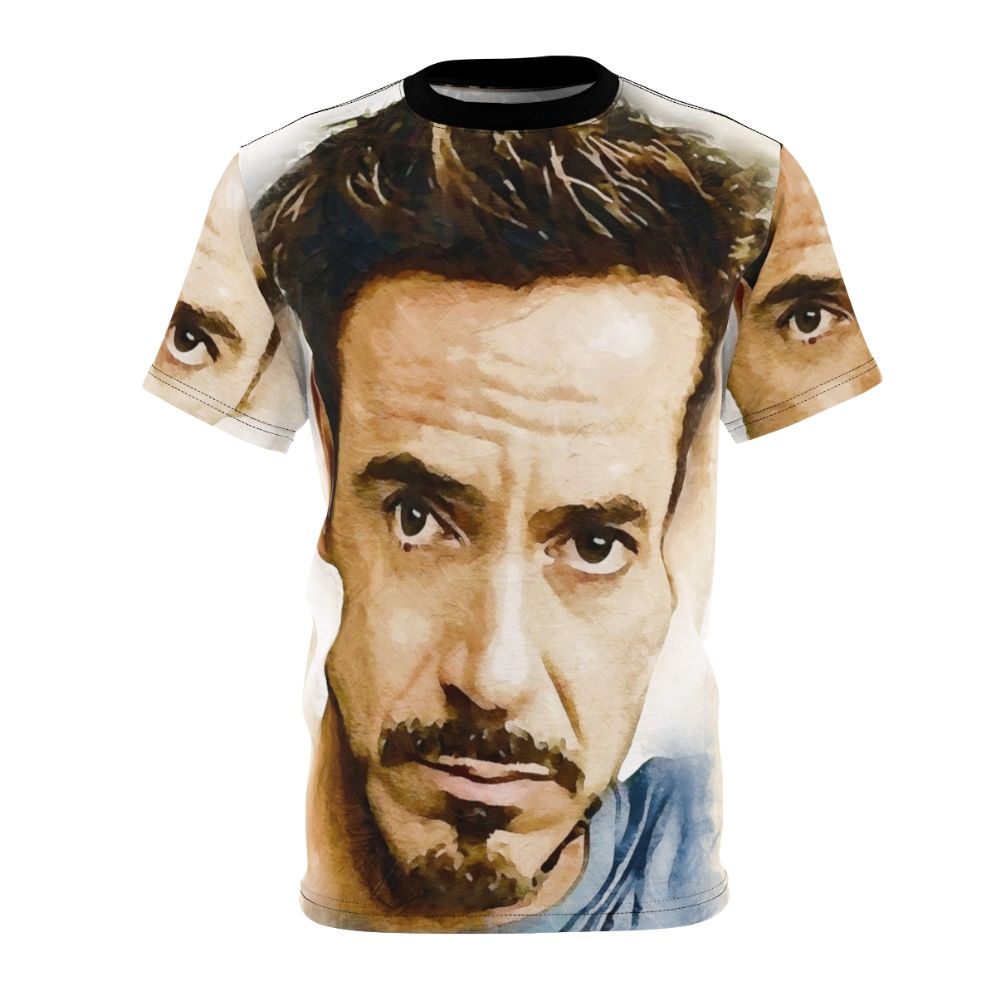 Tribute t-shirt design featuring Robert Downey Jr, the acclaimed actor known for his iconic movie roles.