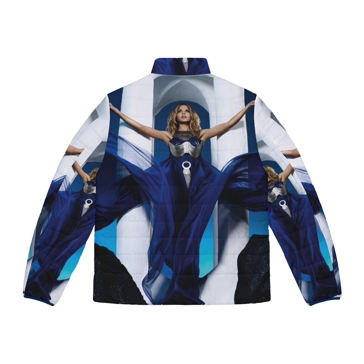 Aphrodite Puffer Jacket featuring a blue and white color scheme, inspired by the Greek goddess of love. - Back