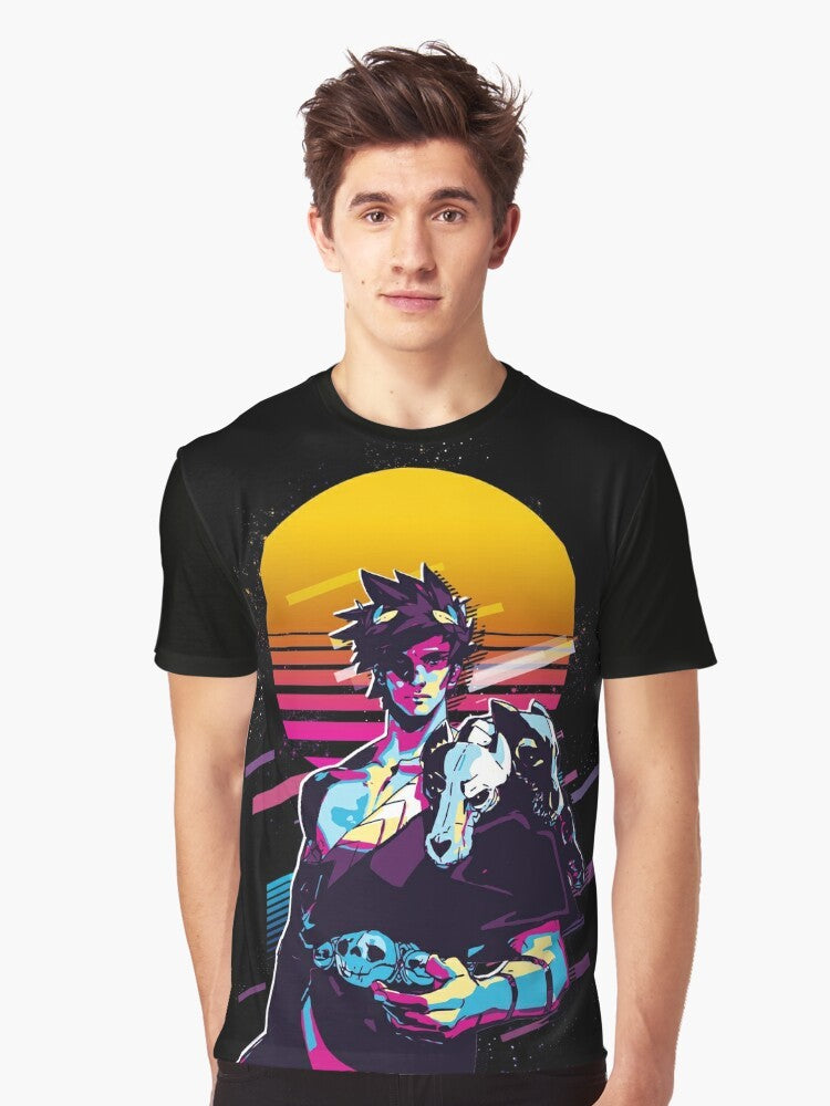 Zagreus - Hades (80s Retro) Graphic T-Shirt, featuring the character Zagreus from the game Hades in a retro, 80s-inspired style. - Men