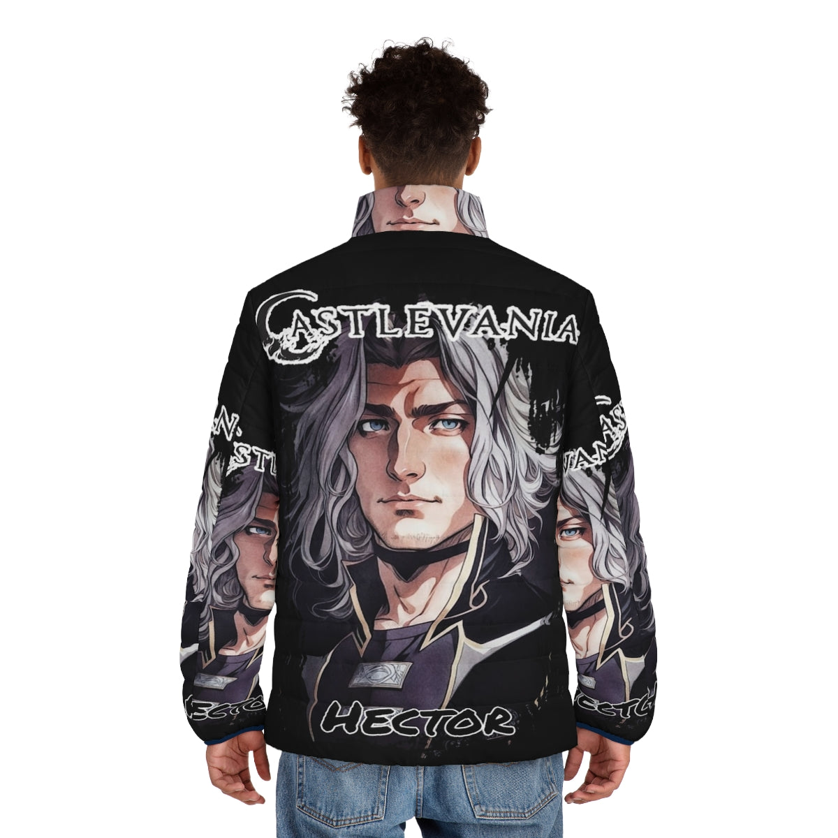 Castlevania Hector Puffer Jacket featuring the iconic Forge Master from the Netflix series - men back