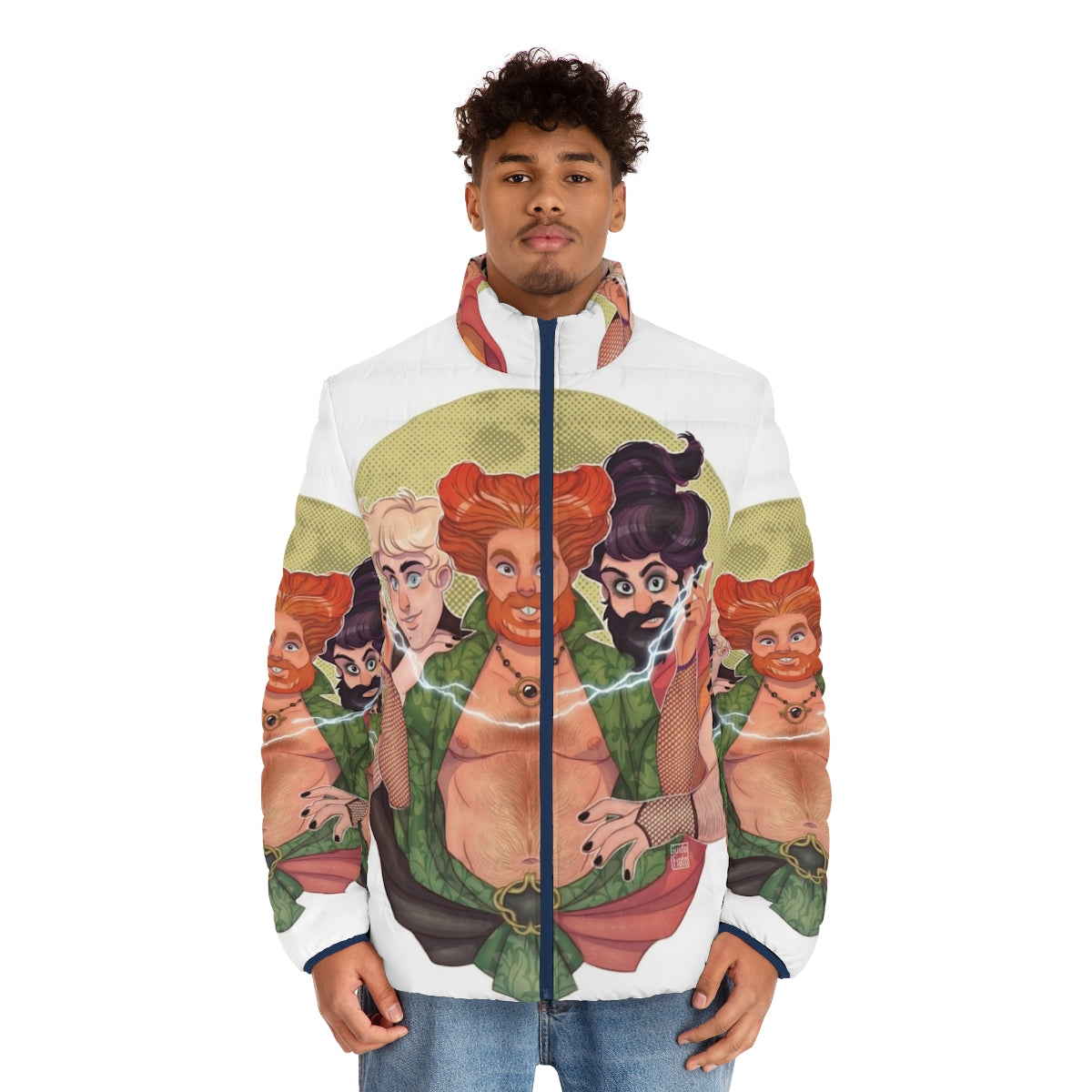 Gay bear wearing a puffer jacket with Hocus Pocus design - men front