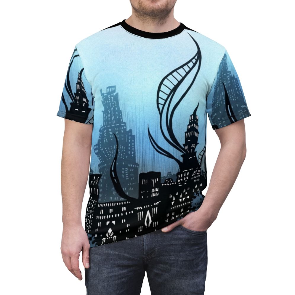 Amaurot inspired fantasy art all-over-print t-shirt featuring elements from Final Fantasy XIV Shadowbringers - men front