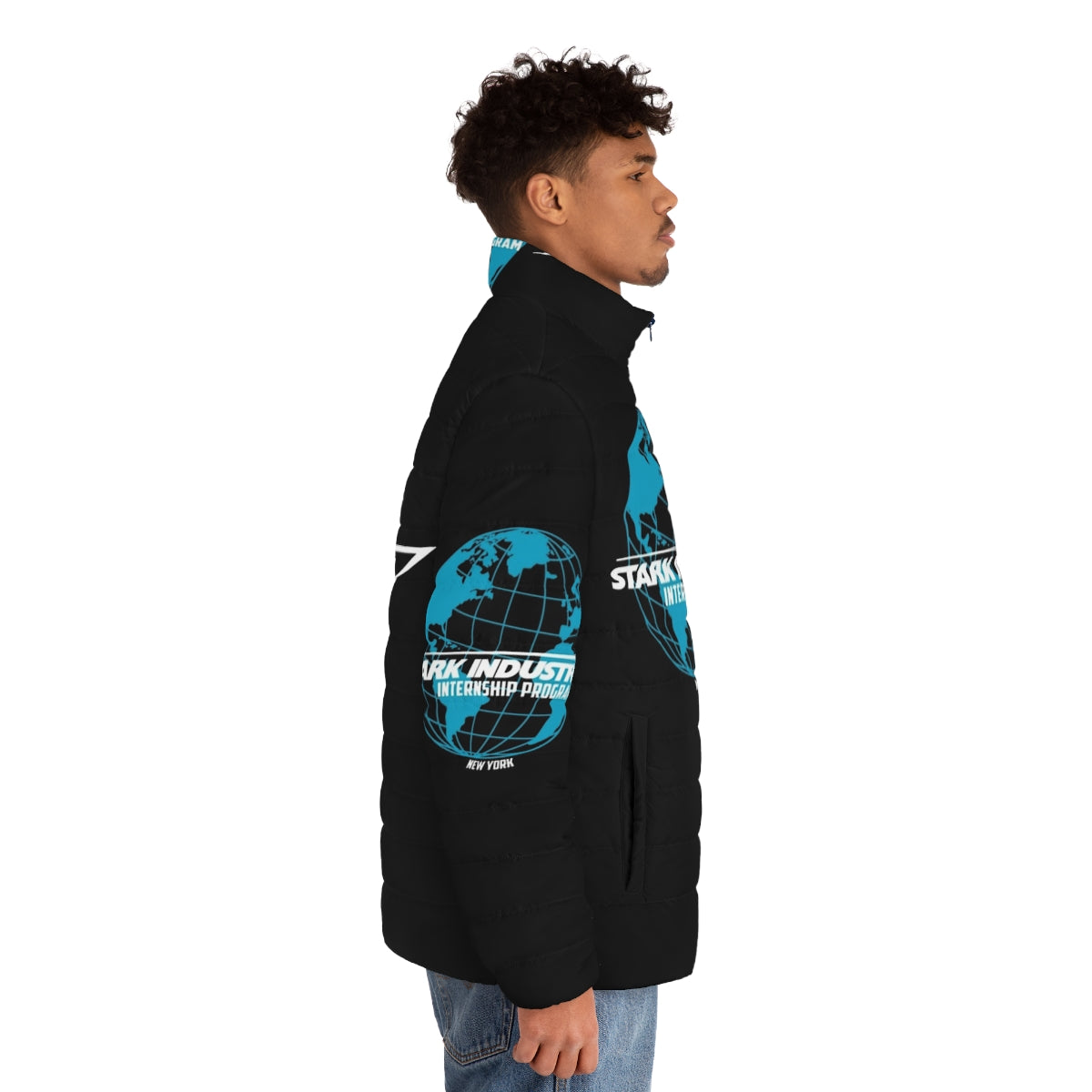 Stark Industries Internship Puffer Jacket featuring Iron Man and Spider-Man graphics - men side right