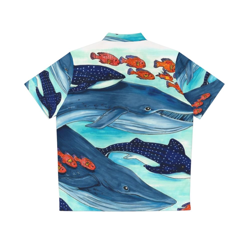 Colorful Hawaiian shirt with blue whales and other ocean life - Back