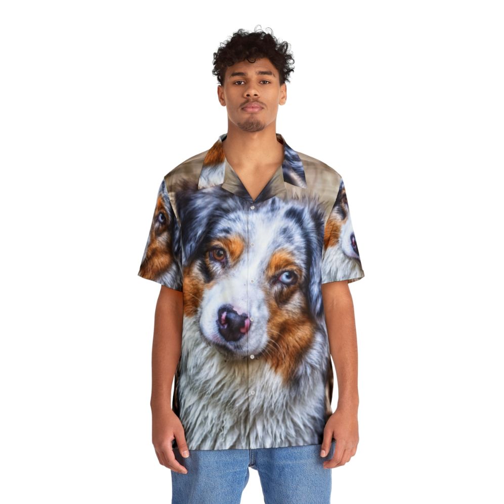 Colorful Australian Shepherd dog wearing a Hawaiian-inspired shirt - People Front