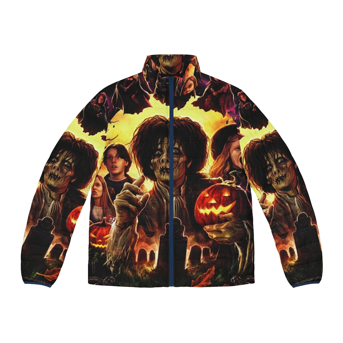 Hocus Pocus-themed puffer jacket with witches, black cats, and other Halloween elements