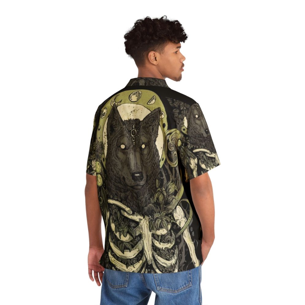 Dark lycanthropy Hawaiian shirt featuring a werewolf wolf and skull skeleton design - People Back