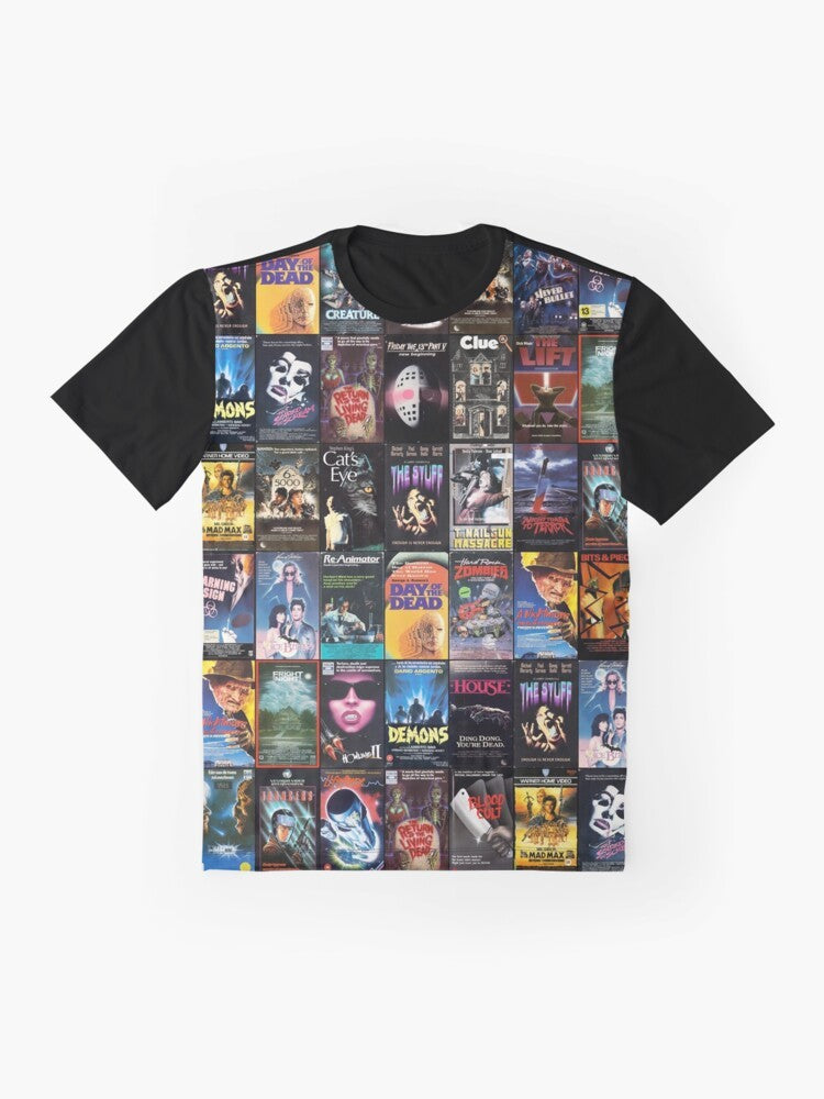 Retro horror VHS artwork graphic t-shirt, 1980s horror fan tee, vintage horror graphic design - Flat lay