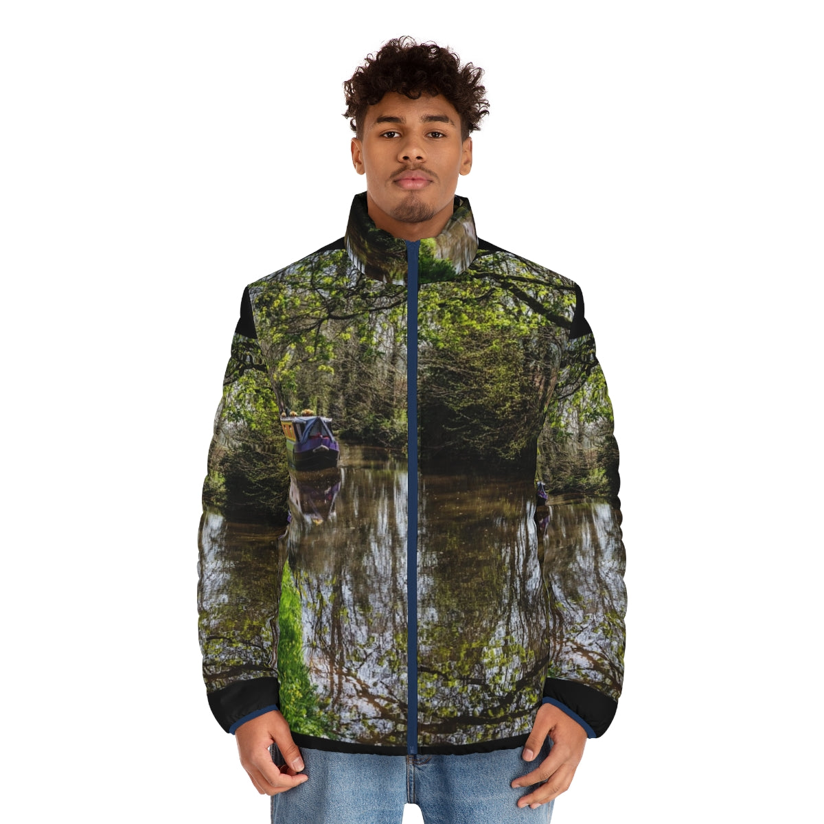 Puffer jacket featuring a scenic canal barge and reflections - men front