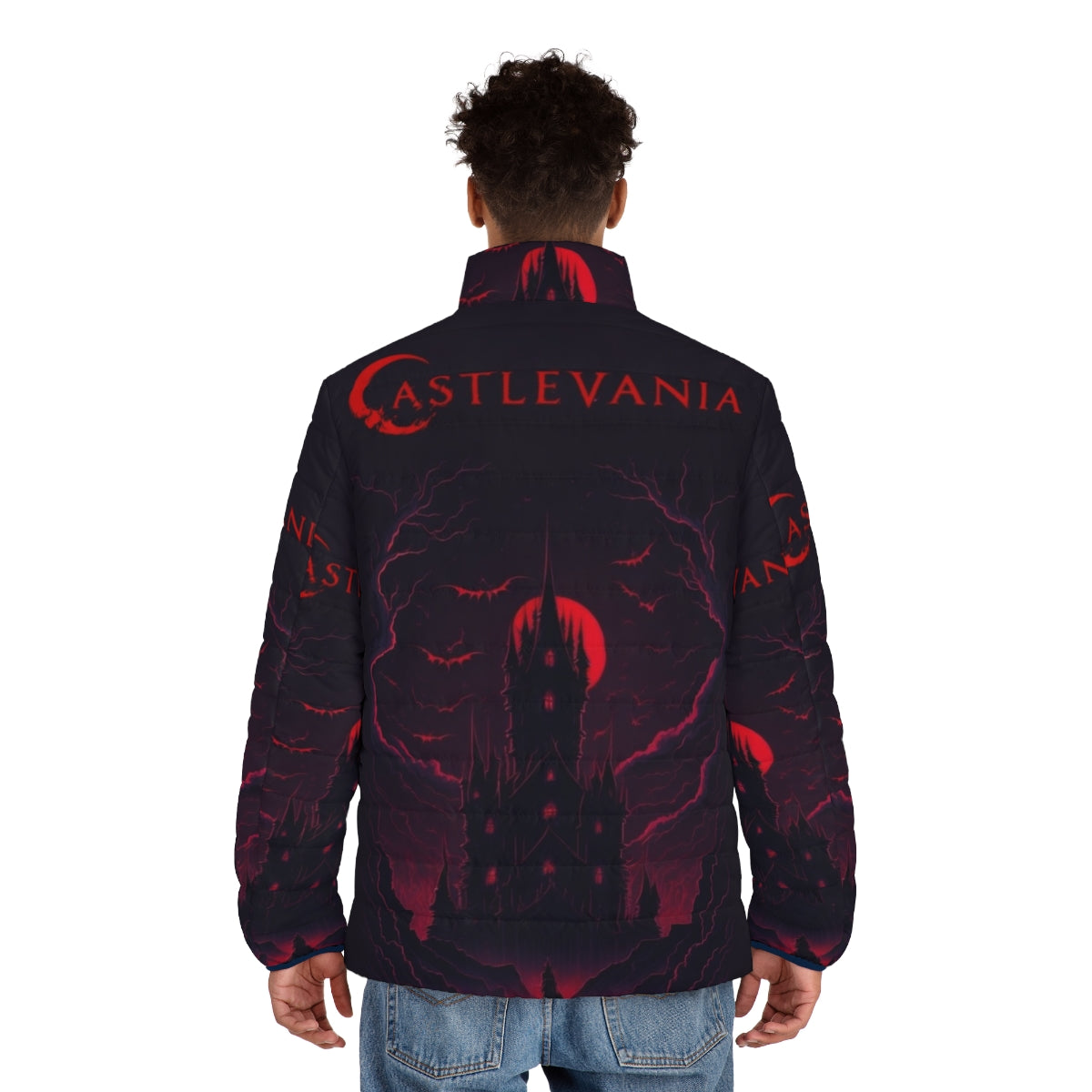 Castlevania Dark Puffer Jacket with Alucard, Trevor Belmont, and Dracula design - men back