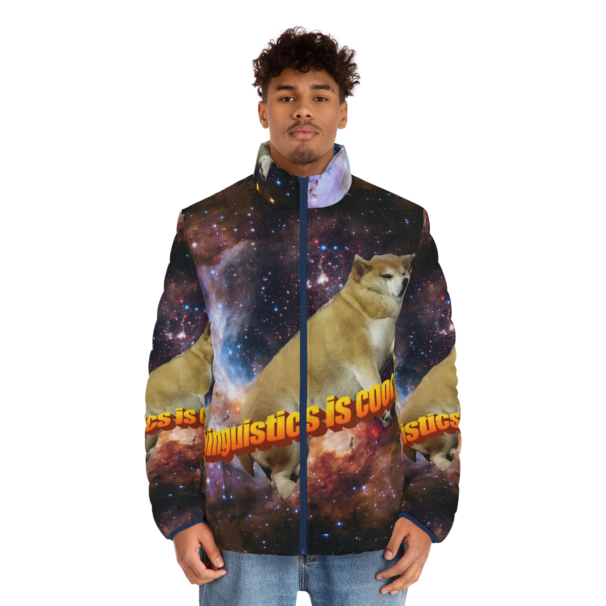 Linguistics themed puffer jacket with shiba inu graphic - men front