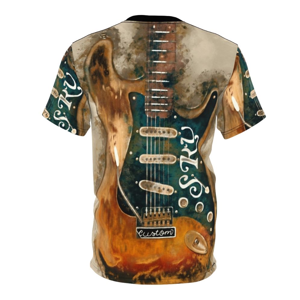 A stylized t-shirt design featuring an electric guitar with a watercolor effect, inspired by the legendary blues guitarist Stevie Ray Vaughan. - Back