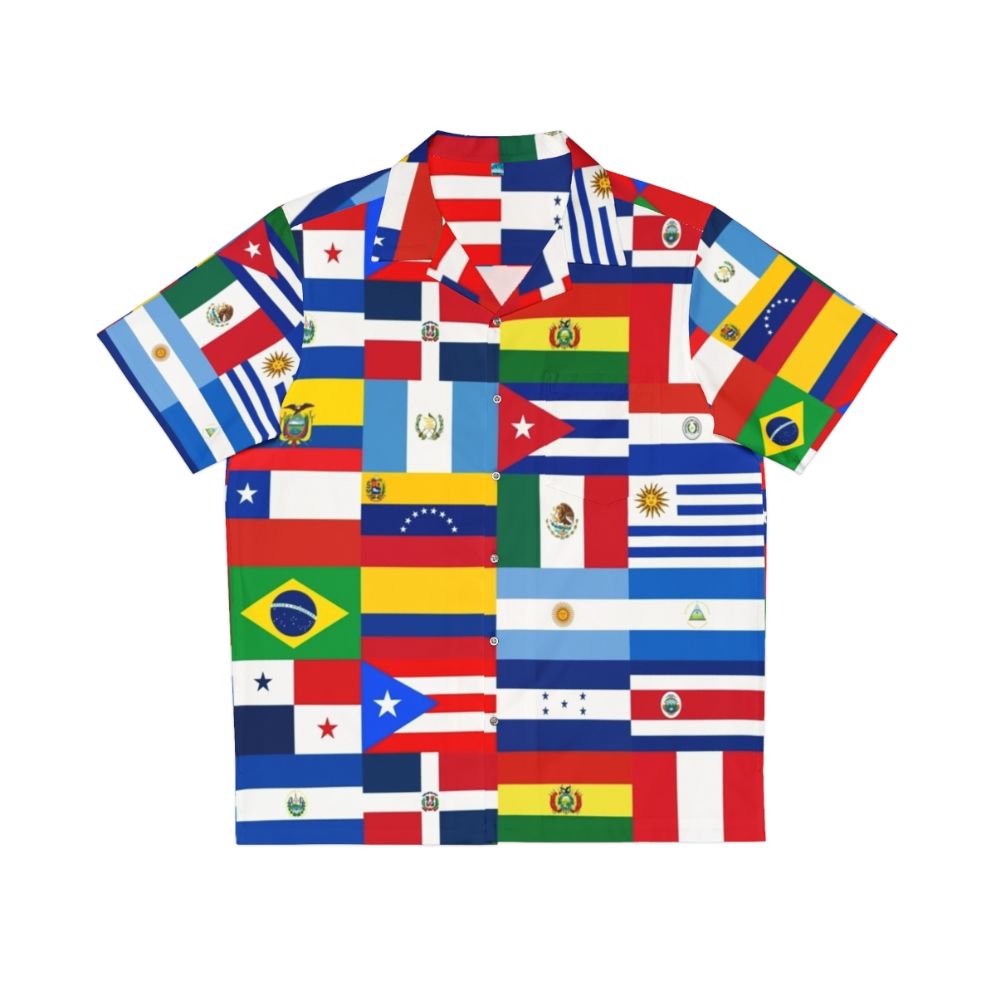 Colorful flags of Latin American countries on a Hawaiian-style shirt