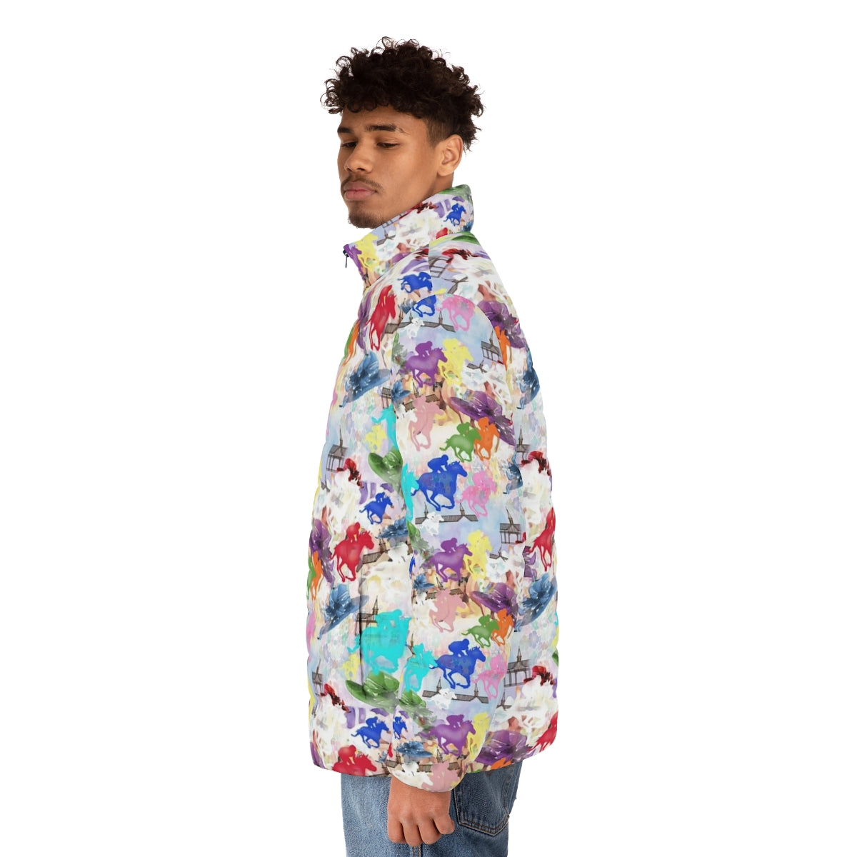 Colorful horse silhouette puffer jacket with focus on equestrian and horse racing - men side left