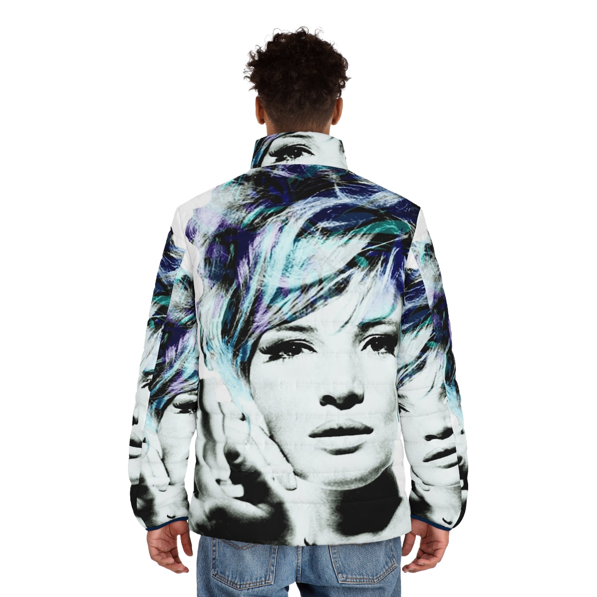 Monica Vitti inspired pop art puffer jacket in blue and purple - men back