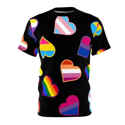 Colorful t-shirt featuring pride flags and hearts in a vibrant, inclusive design