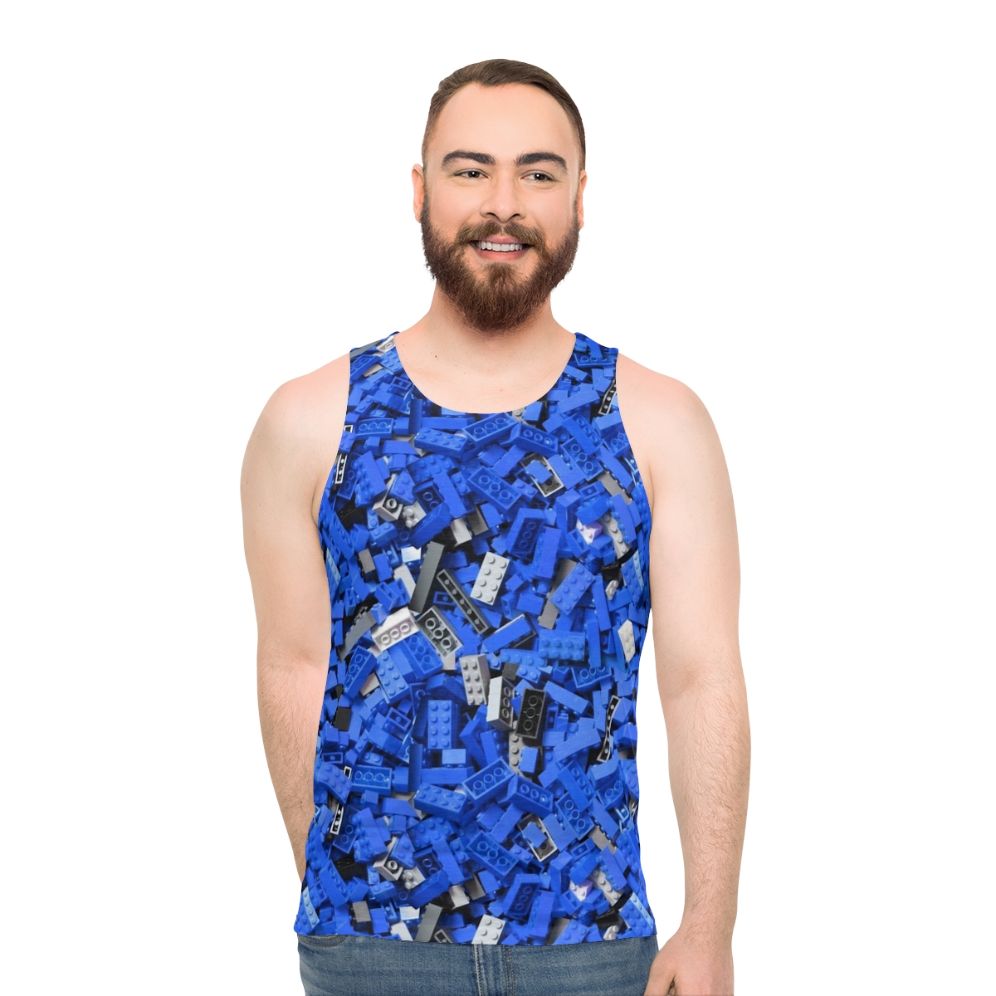 Blue unisex tank top with a repeating bricks/lego-inspired pattern - men