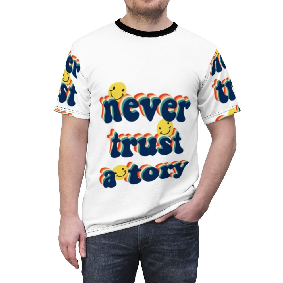 Anti-Tory Political Protest T-Shirt with the slogan "Never Trust a Tory" - men front