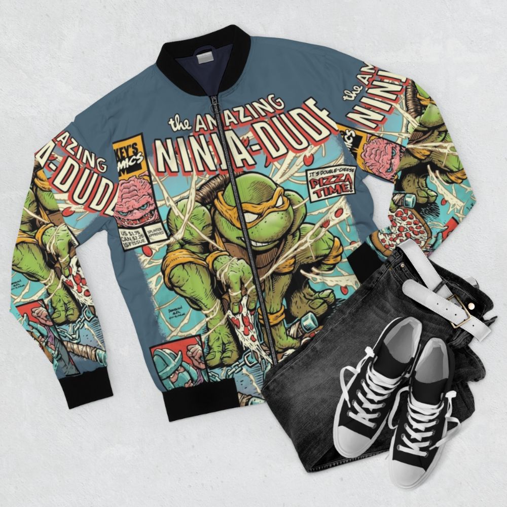 Retro Ninja Turtle bomber jacket with vintage 80s design - Flat lay