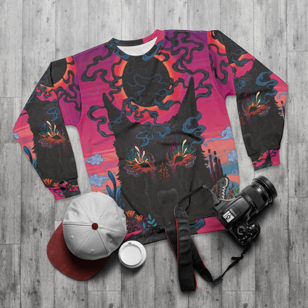 Psychedelic black eyed dog neon sweatshirt - flat lay