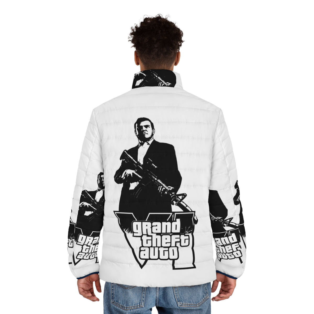 Grand Theft Auto Puffer Jacket featuring iconic GTA game elements - men back