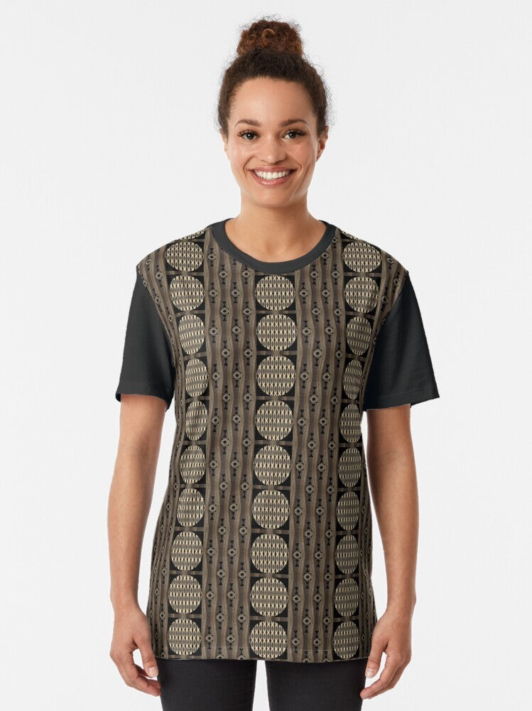 Primal patterns graphic t-shirt in gold, brown, and black colors designed by Helena Tiainen - Women