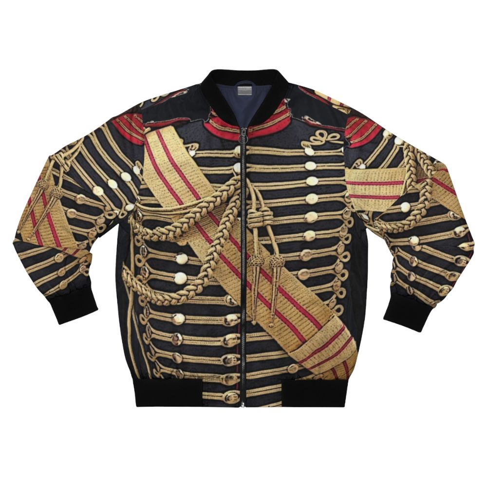 Blue military-style bomber jacket with gold trim, a simulated uniform design