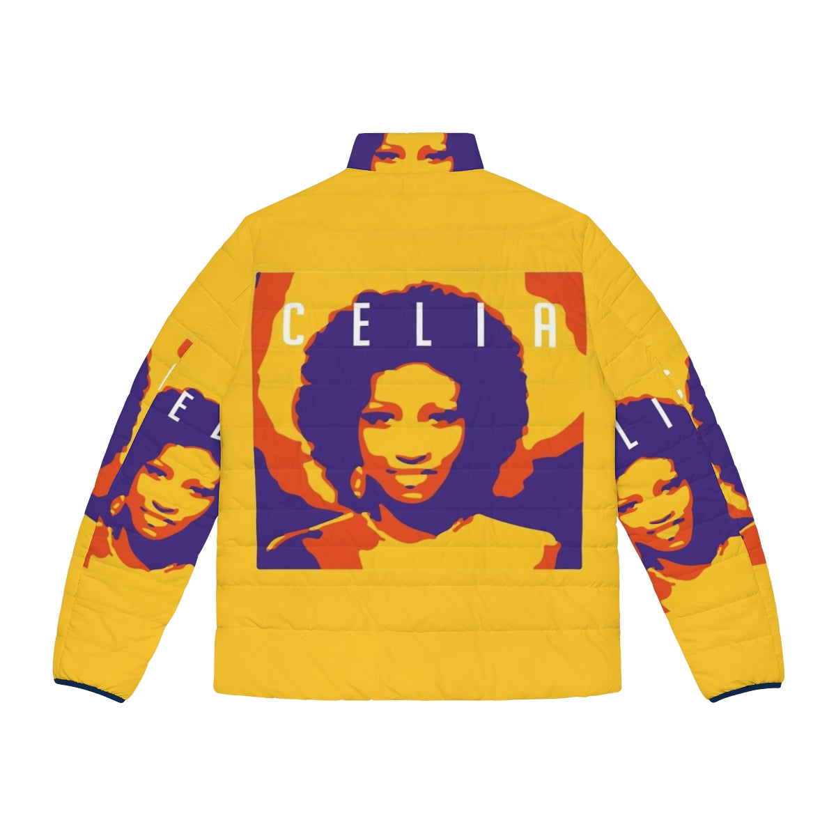 Celia Latinx Puffer Jacket in a vibrant, colorful popart design - Back